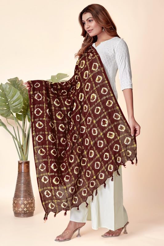 Image of Women Bandhani Dupatta | Traditional Chunri Print with Decorative Border | Lightweight Ethnic Stole for Festive and Wedding Wear
