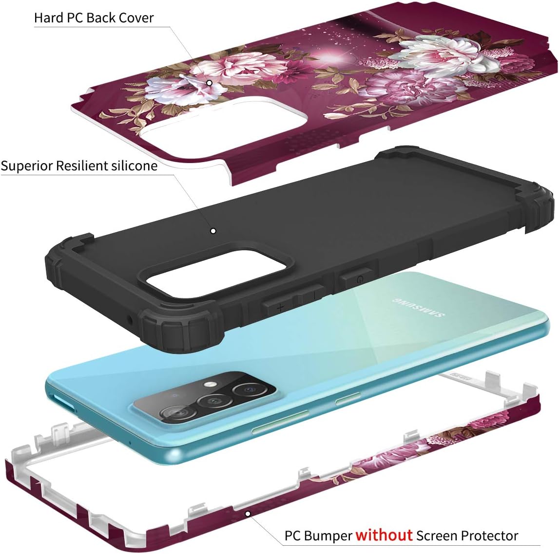 Hocase Galaxy A52 5G Case, Heavy Duty Shockproof Soft Silicone Rubber Bumper+Hard Plastic Hybrid Protective Case for Samsung Galaxy A52 5G 2021 - Burgundy Flowers