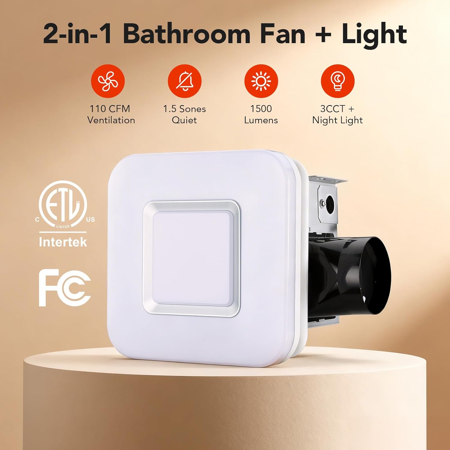 OREiN 2-in-1 Bathroom Exhaust Fan with Light, 110 CFM Quiet Bathroom Vent Fan, 1500LM Ultra-Bright LED, 3CCT & Night Light, Room-Side Installation, ETL/FCC Listed, Fits 8.11" × 7.48" Ceiling Opening