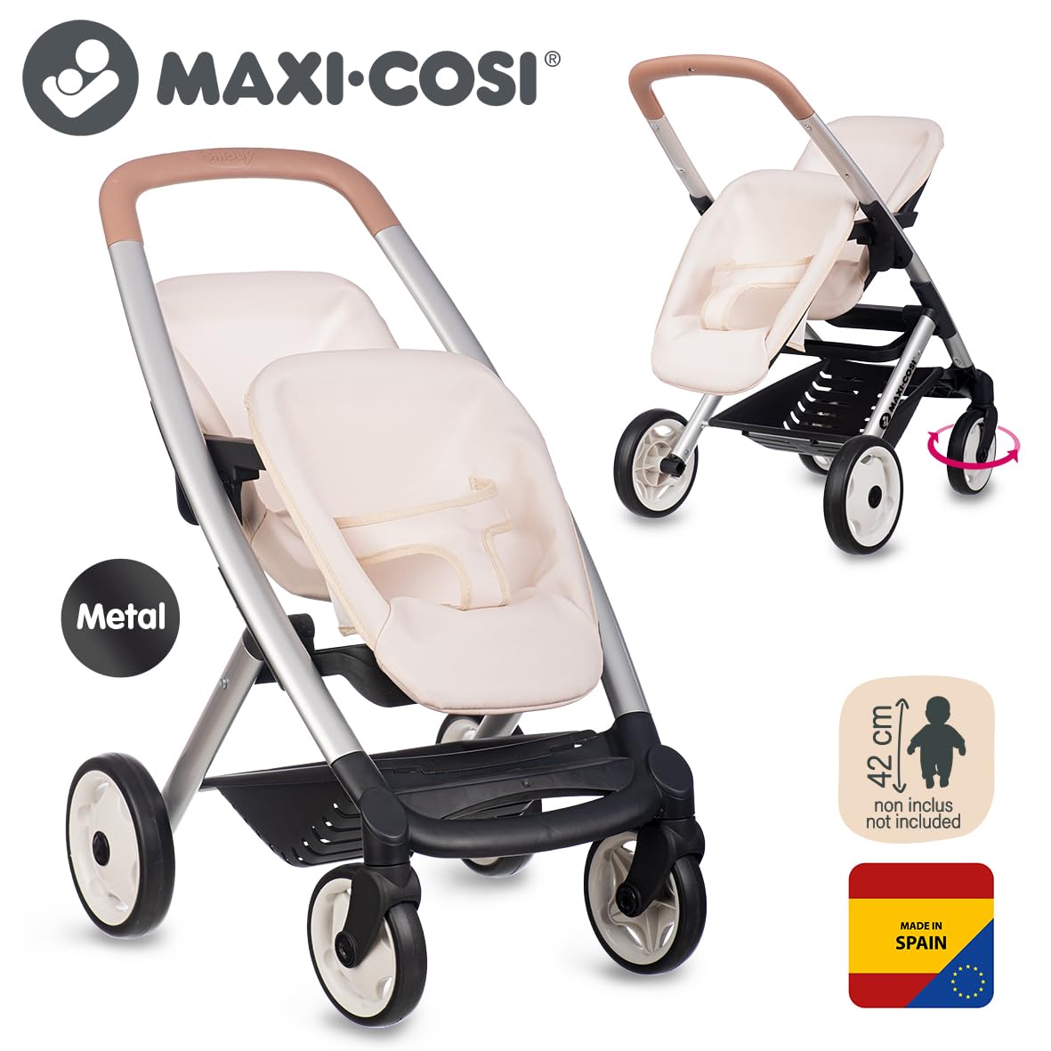 Smoby - Maxi-Cosi - Cochecito Gemelar Beige - Juguete de Imitación - para 2 Muñecas de hasta 42 cm - Ruedas Silenciosas y Multidireccionales - A Partir de 3 Años - Fabricado en España