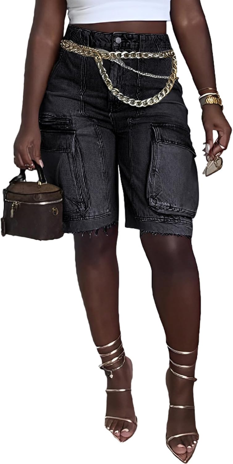 HuiSiFang Women's Cargo Denim Shorts Bermuda Knee Length Casual High Waisted Jean Shorts Streetwear