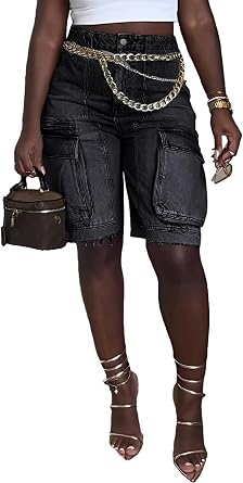 Ecirod Cargo Bermuda High Waisted Denim Shorts Women Distressed Raw Hem Long Jean Shorts with Pockets