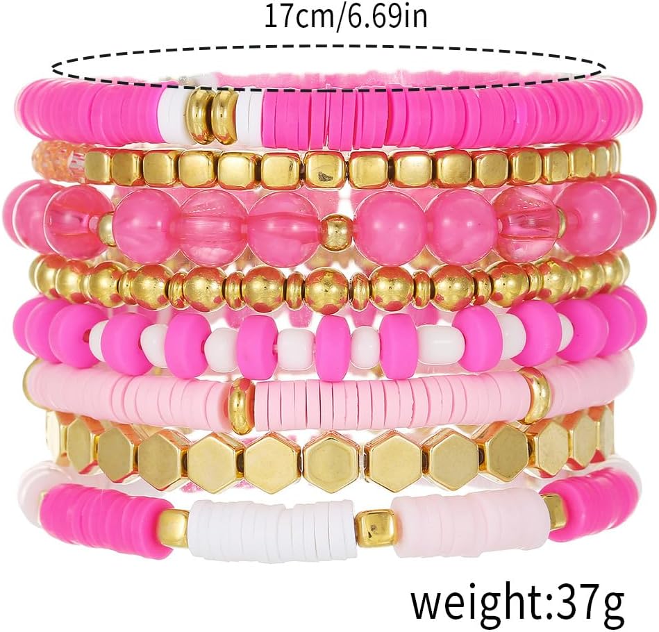 Caiyao Bohemia Multilayer Heart Clay Stackable Bracelets Set Colorful Surfer Heishi Clay Gold Beaded Stretch Bracelets for Women Men Summer Beach Boho Vacation Jewelry Gifts - Image 2