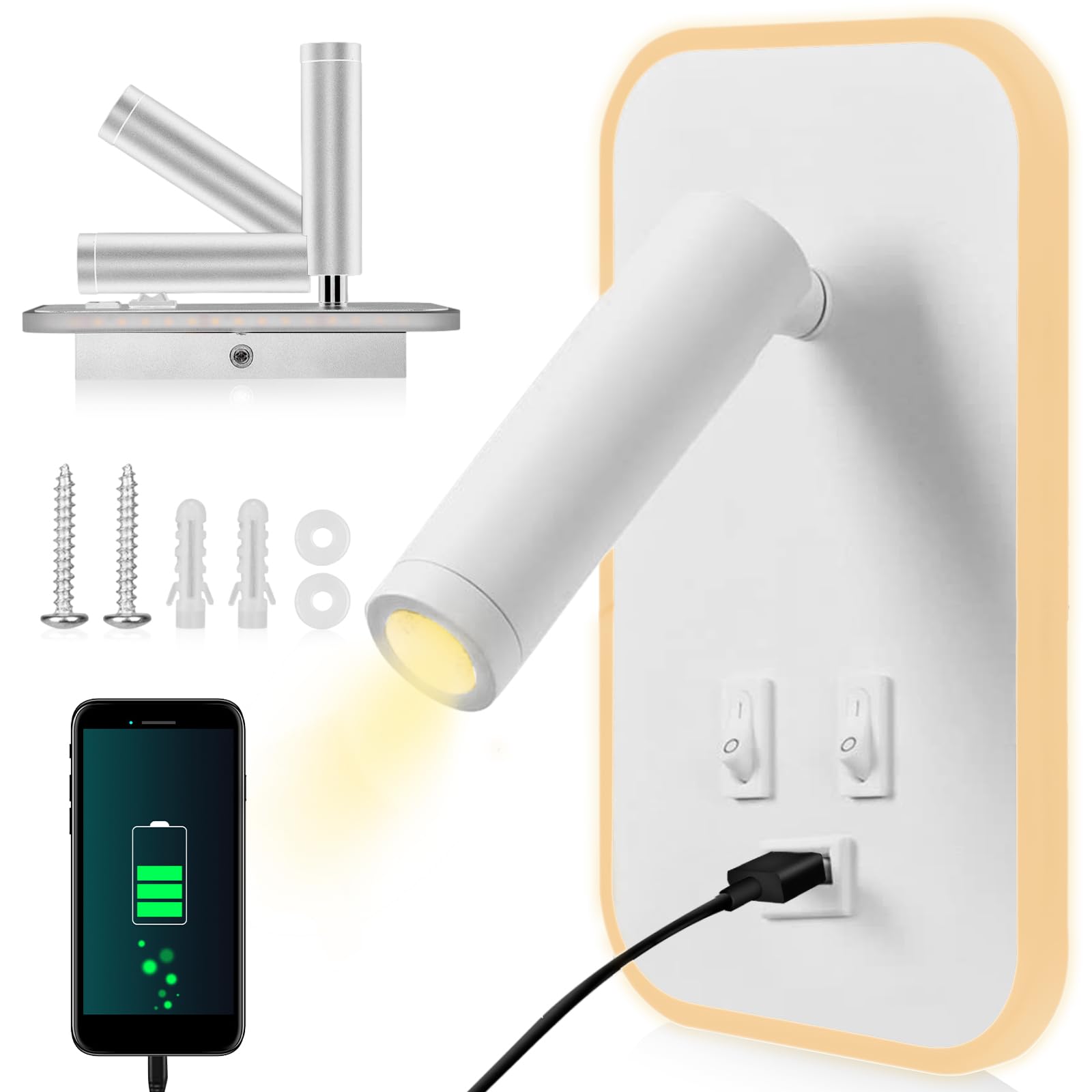 UrbanHomes Lampada da parete a LED, 12W Lampada da Lettura Sul Comodino con interruttore Porta di ricarica USB, Applique da Corridoio per hotel in camera da letto (Luce Calda 3w + 9w) (Bianco)