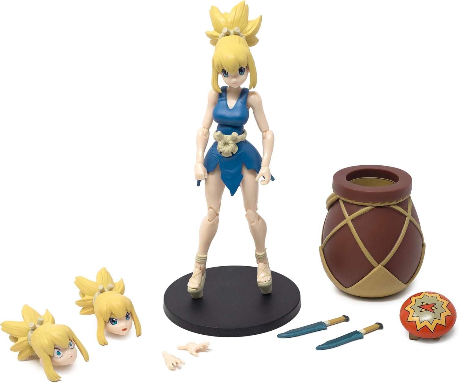 Boss Fight Studio Dr. Stone Kohaku Action Figure – Highly Articulate Collectible Figurine with Accessories Including Alternate Heads and Hands, Knives, Shield, and Water Barrel – 4” Scale