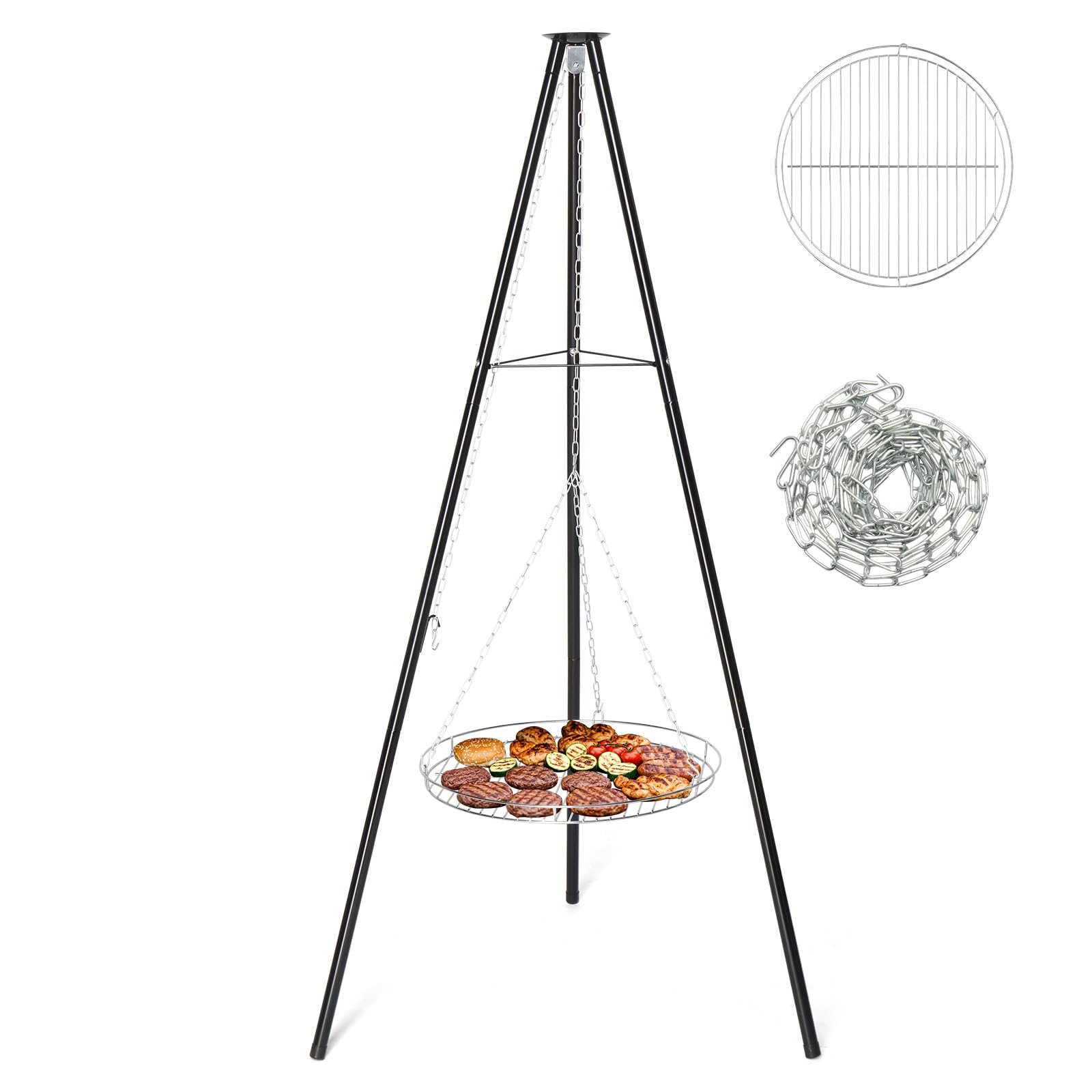 LEADZM Barbecue charbon de bois - Barbecue suspendu sans foyer(Plaque à pâtisserie de 50 cm de diamètre) - Réglable en hauteur, Structure de type trépied(robuste et stable) - Pour camping et jardin