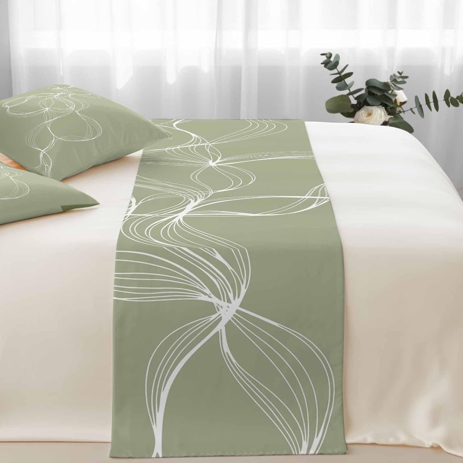 Sage Green Bed Runners for Queen Size Beds Minimalist Abstract Modern White Art Bed Scarf Matching Decorative Throw Pillow Covers Hotel Beds End Blanket Towel Soft Bedspread Protection for Bedroom