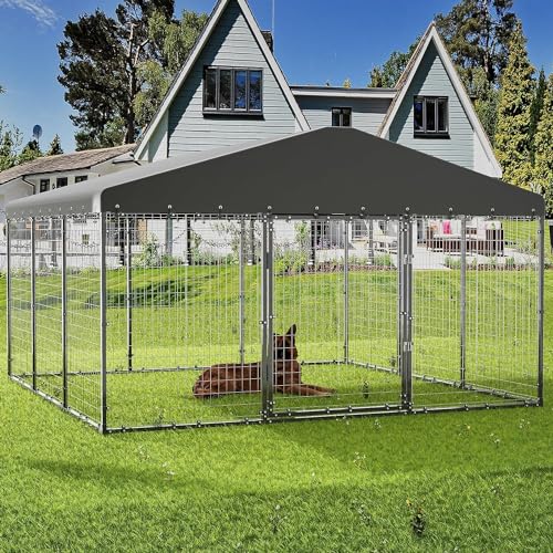 ASJMR Large Outdoor Dog Kennel,W 118" x D 118" x H 70" Heavy Duty Dog Cage with Roof,Dog Playpen Galvanized Steel Dog Fence with Double Safety Locks,UV & Water Resistant Proof Cover