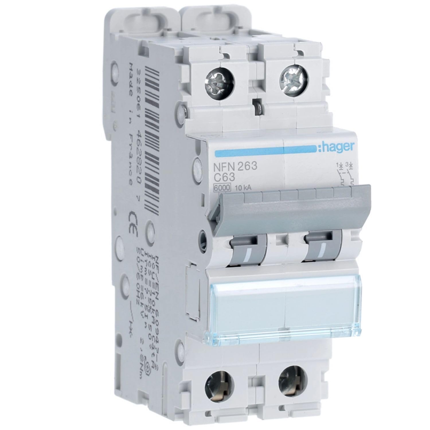 disjoncteur hager - 2 pôles - 63a - 6ka - courbe c - vis / vis