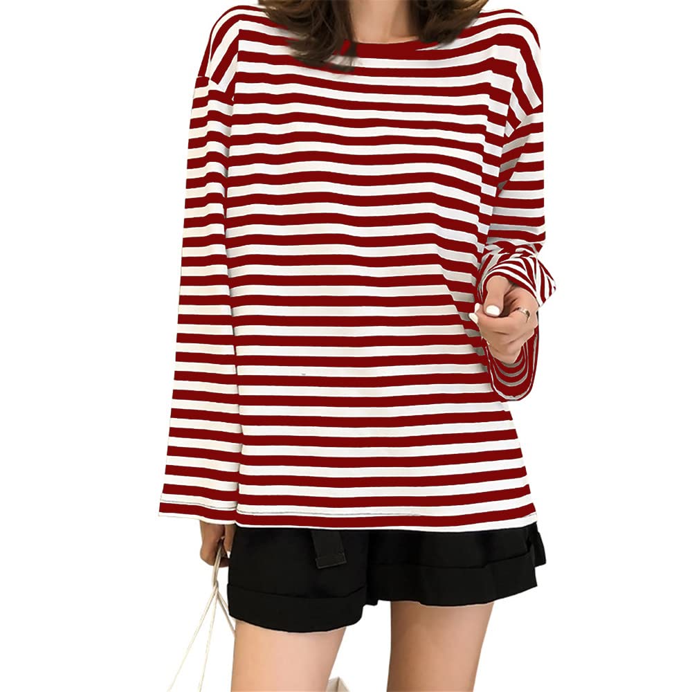 KACAOACWomens Harajuku Long Sleeve Oversized T Shirts for Women Casual Loose Crewneck Color Block Stripe Tee Tops