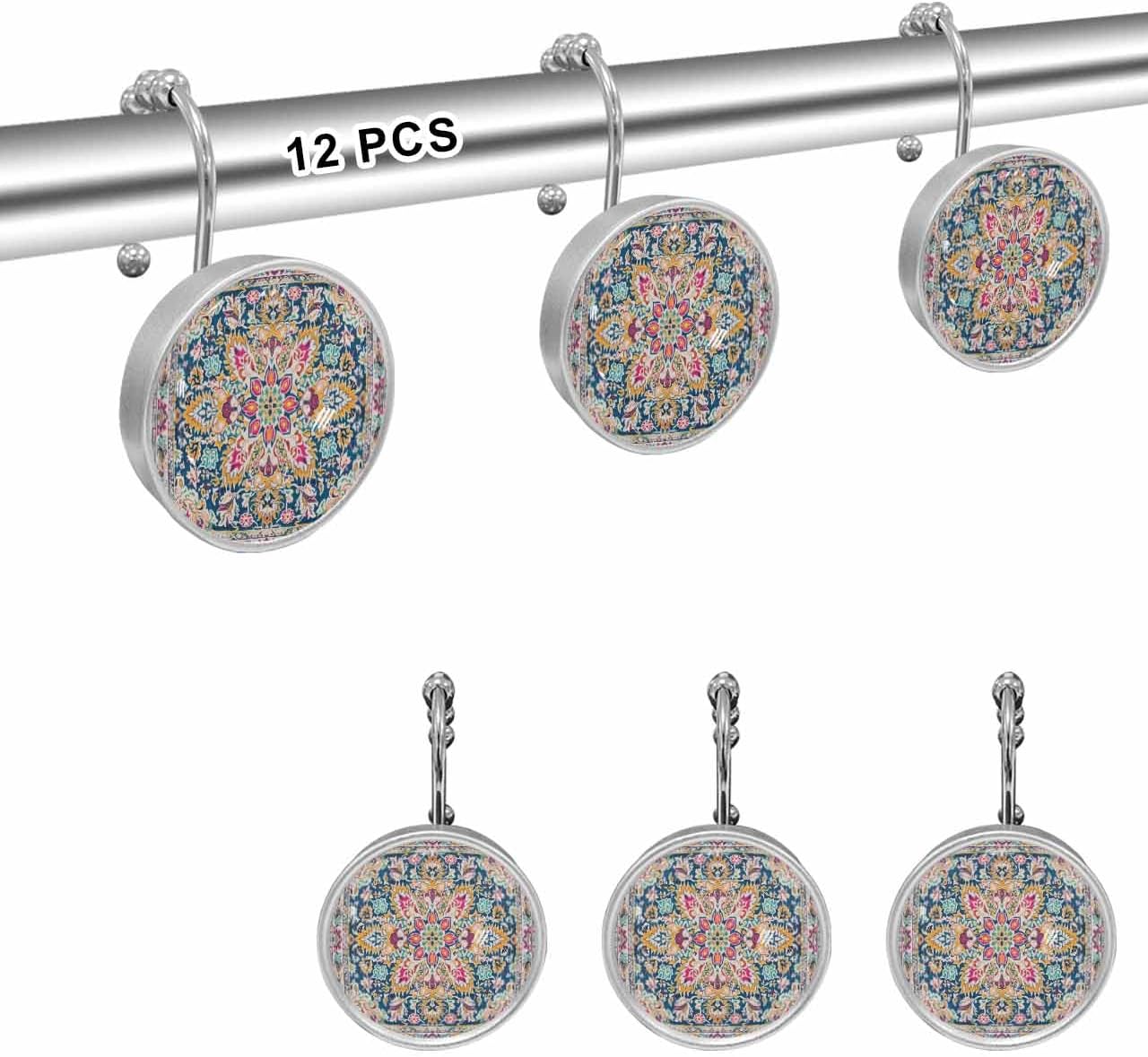 Shower Curtain Hooks 12 Pcs Ethnic Style Retro Abstract Blue N Pattern Stainless Steel Rust Proof Rolling Shower Curtain Rings, Decorative Shower Curtain Hooks Hangers for Bathroom