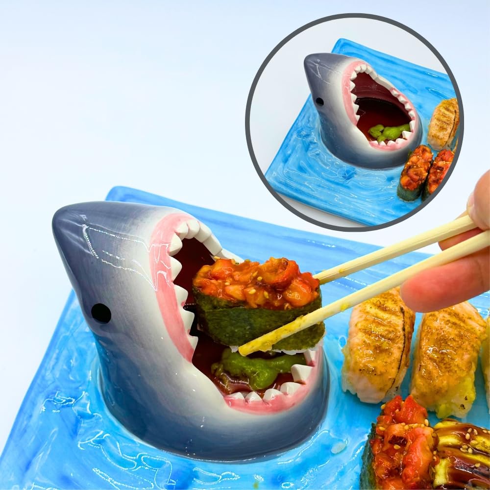 Shark Sushi-Teller und Sojasaucenschalen, handbemalt, Keramik, Serviertablett mit Essstäbchenablage (Blau, 33 x 20 cm)