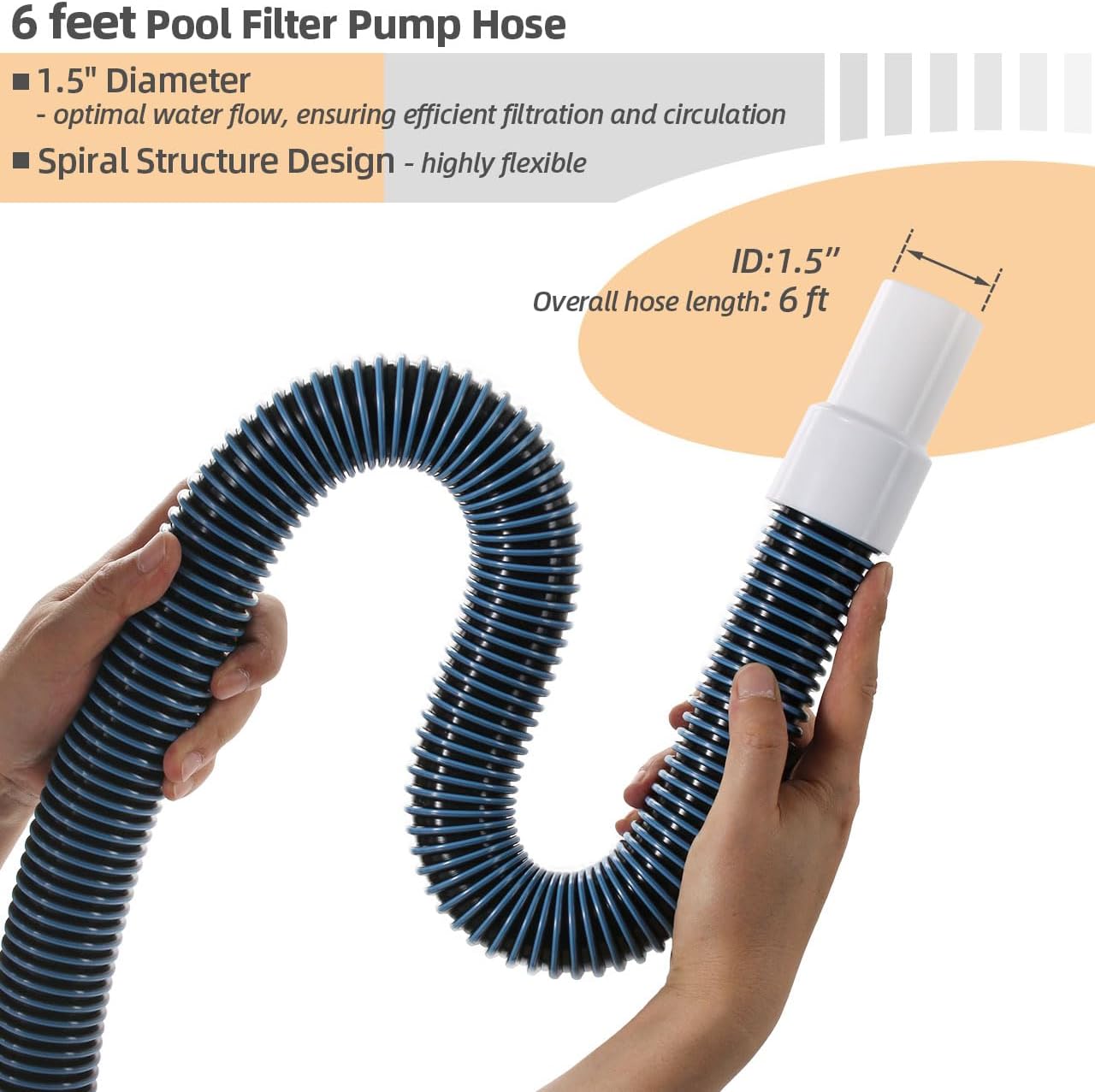 1.5" 6ft Pool Filter Pump Hose Kit for Above Ground Swimming Pools Vacuum Skimmer 1 1/2" Hose Replacement & 1 1/2 to 1 1/4 Pool Hose Adapter Fittings - 2 Pool Hoses, 2 Adapters, 4 Clamps, 2 PTFE Tapes