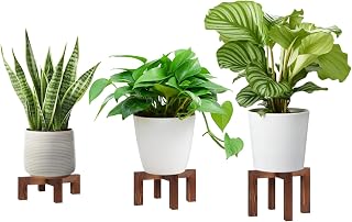 Wooden Plant Stand Indoor Set of 3, Solid Pine Pot Riser-Dark Brown | Fits 8-10" pots, 200 lbs heavy duty capacity, solid pine wood with anti-slip pads. Easy assemble for living room corner.
