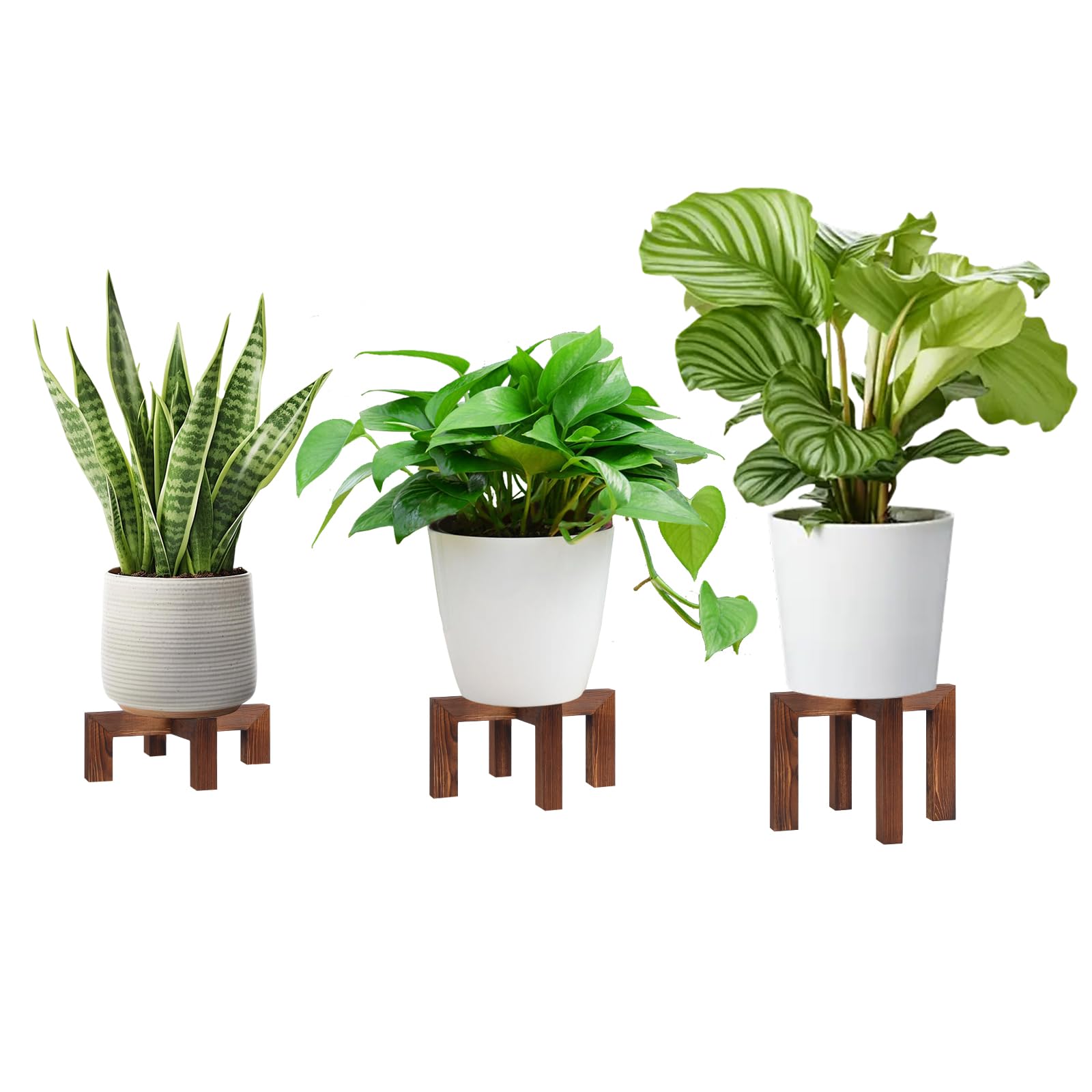Yedcxup 3 Pack Wood Plant Stands Indoor Outdoor,Mid-Century Modern Single Plant Stool for 5-12 Inch Pots,Corner Plant Shelf Flower Pot Holder Table for Living Room,Balcony,Office,Patio Garden(Brown)