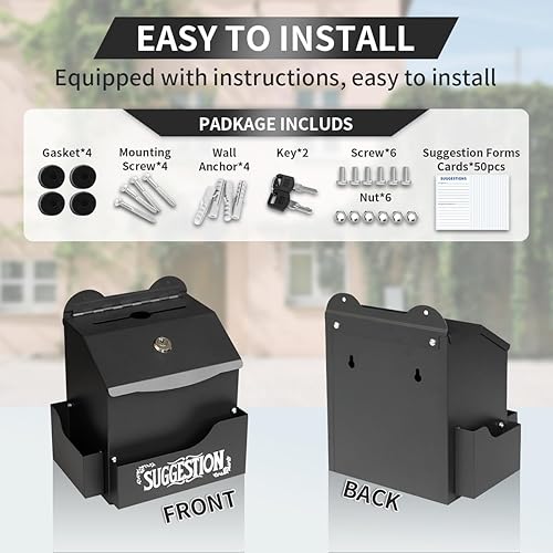 Vista 4 de Metal Suggestion Box with Suggestions Lettering, Wall-Mounted&Tabletop With Lock Pen Holder Suggestion Cards*50pcs for Fundraising Comment Voting