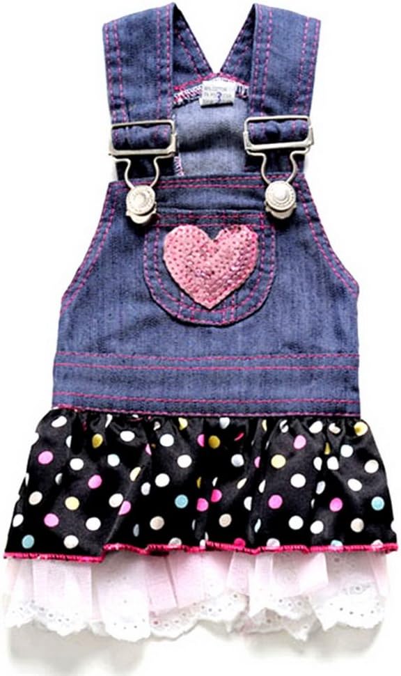 Dog Costumes Dress Rompers Denim Jumpsuit for Small Puppies Pet Cats Princess Jean Clothes with Pocket Bib Outfits Pleated Tiered Skirt Polka Dots Heart Sequins for Summer M