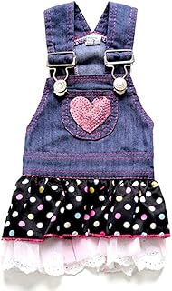SELMAI Dog Costumes Cowboy Dress Rompers Denim Jumpsuit for Small Puppies Pet Cats Princess Jean Clothes with Pocket Bib Outfits Pleated Tiered Skirt Polka Dots Heart Sequins for Summer L