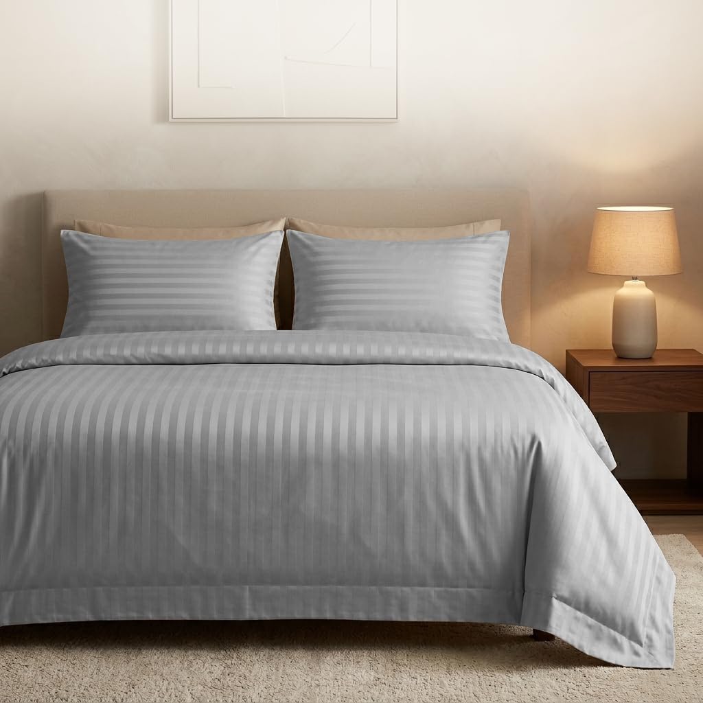 Casabella Satin Stripe Duvet Cover Sets, Luxurious Double Silver Bedding with Satin Stripes,Double Duvet Cover Set,Hotel Quality Double Duvet Set & Pillowcases, Silver Duvet Cover