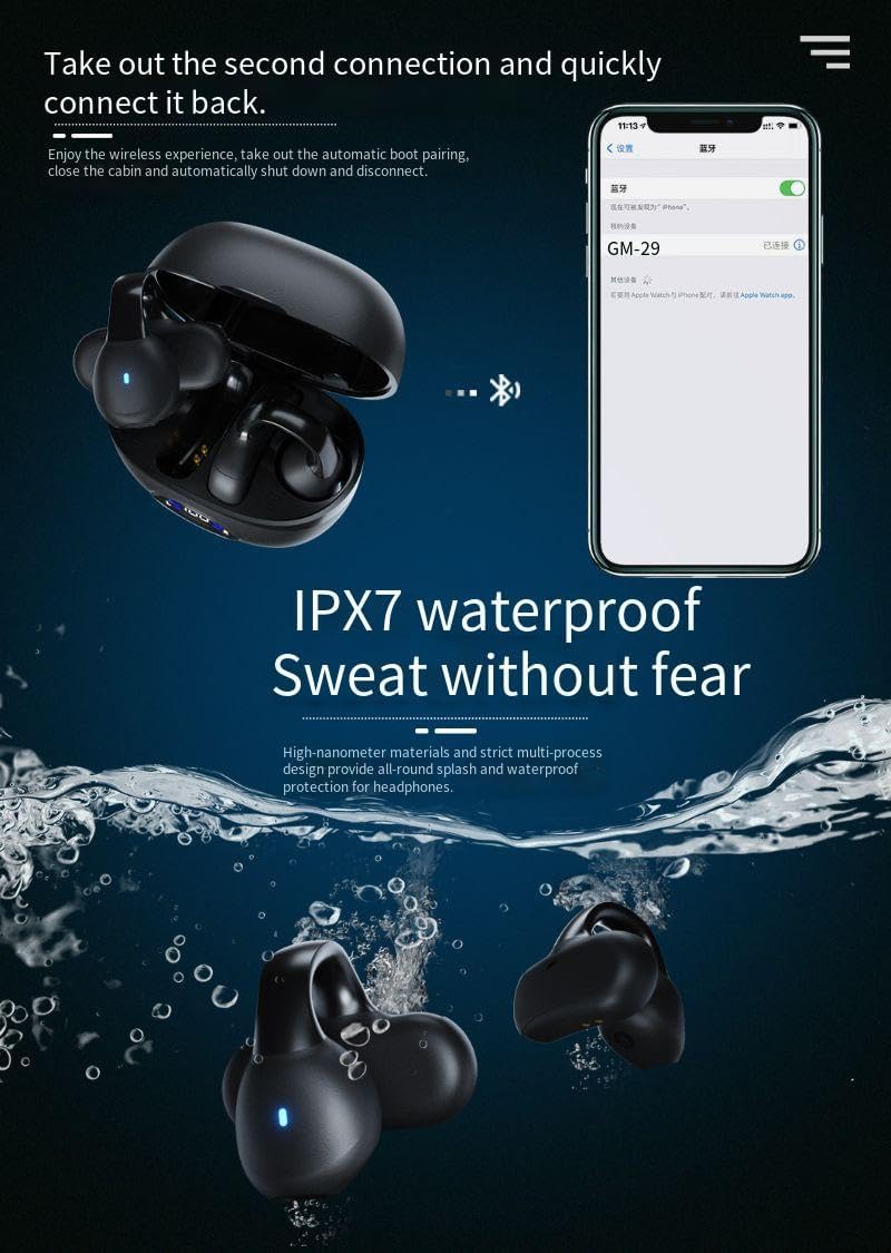 Clip On Earbud Open Ear Headphones Bluetooth 5.3 Wireless Earphones with Power Display Charging Case,48 Hours Playtime & Mic Clear Call,IPX7 Waterproof Sports Fitness Earbuds for Running-Black