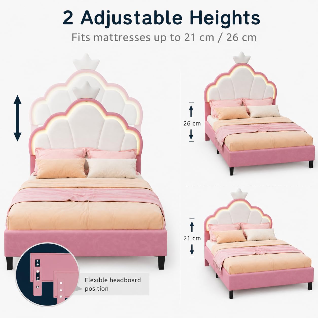 Kinderbett Polsterbett 90x200 cm, LED Einzelbett für Mädchen mit Kronen-Design und verstellbarem Kopfteil, gemütliches Samtbett für fantasievolle Kinderzimmer (90x200cm)