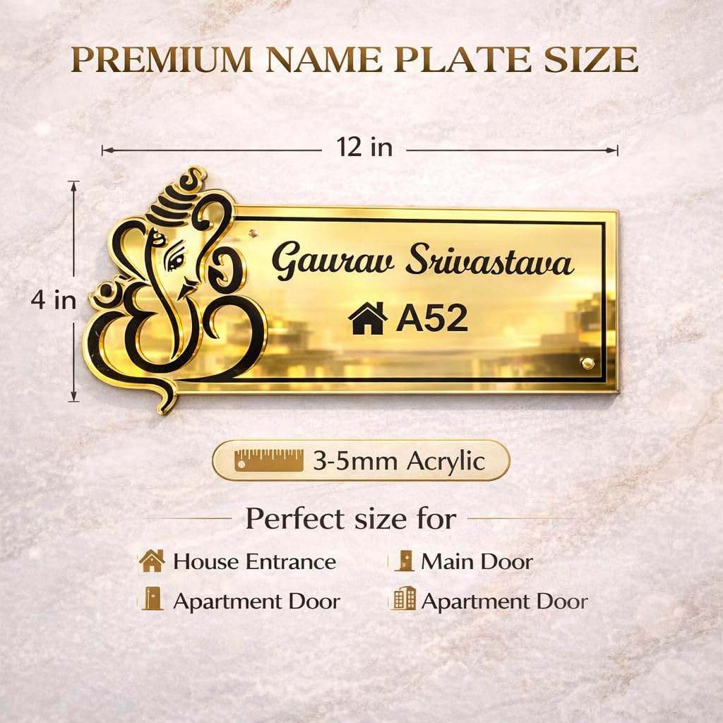 Custom Golden Acrylic Name Plate with Ganesha | Personalized House Nameplate with Name & Flat Number | Premium Door Wall Name Sign for Home Entrance 6 x 12 inch (Golden Mirror & Black) — Amazon image 3