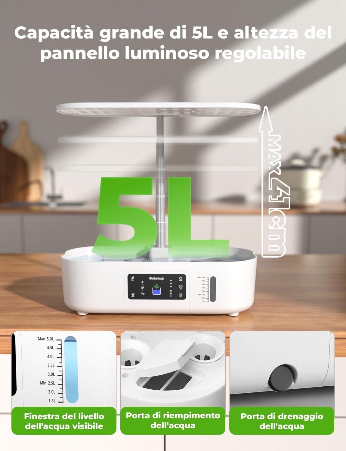 Serra Idroponica 13 Baccelli, Smart Garden con Doppia modalità di Coltivazione, con Luce LED per Coltivazione, Timer Automatico, Altezza Regolabile, Bianco
