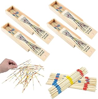 Chochkees 4-Pack Classic Wooden Thin Pick Up Stick Game 31 Pieces Fun Family Game Gift Idea, 7" Tall, (4-Pack)
