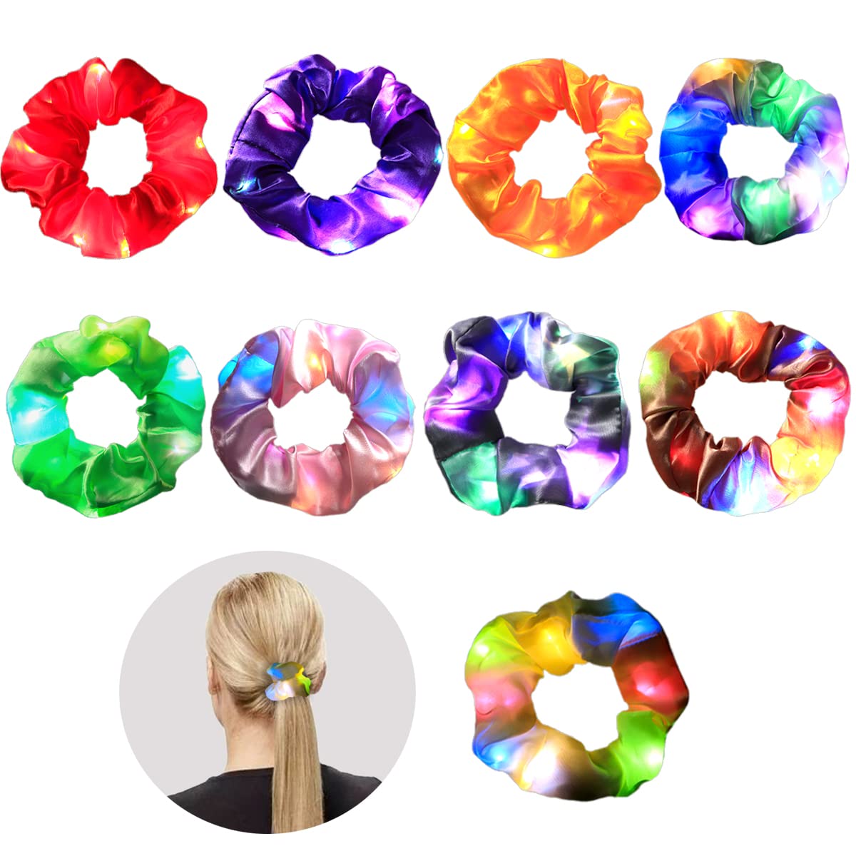 FERCAISH LED Light Hair Scrunchies, 9 PCS LED Hair Ties with 3 Light Modes, Elastic Hair Bands for Girls Birthday Gift Thanksgiving Christmas LED Scrunchies Hair Accessories