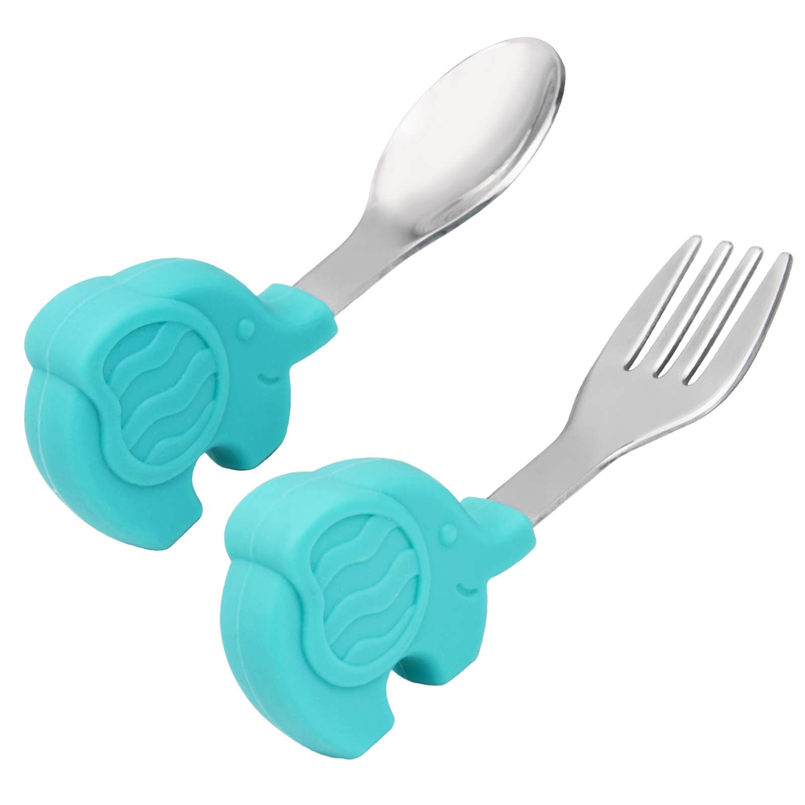 Baby Fork and Spoon Set, Easy Grip for Baby, Toddler, Children, Silicone and Stainless Steel, Perfect Self Feeding Learning Utensils, 12 Months+ (Elephant)