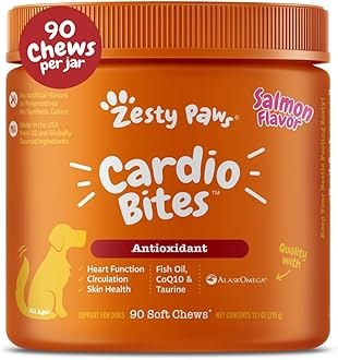 Zesty Paws Cardiovascular Support for Dogs - Taurine for Dogs - with CoQ10, L Carnitine & Sea Buckthorn - Senior Heart Health - AlaskOmega Fish Oil Omega 3 - Senior - Salmon - 90 Count