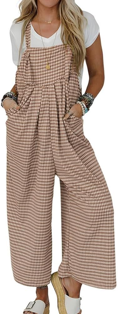 chouyatou Women's Sleeveless Plaid Wide Leg Bib Overall Casual Loose Gingham Jumpsuits with Pockets