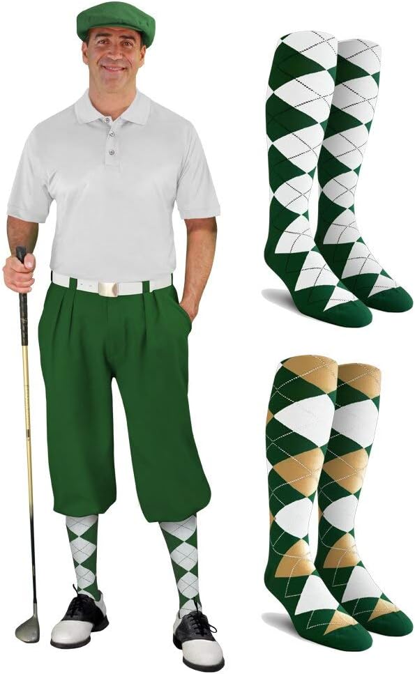 Mens Multi Style Dark Green Golf Outfit - Matching Knickers and Cap - Two Over-The-Calf Golf Socks