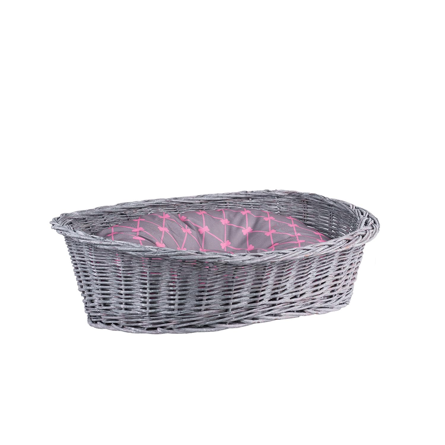 Cesta para perros de mimbre para perros y gatos, cama para perros y gatos, cama con cojín, cesta para animales trenzada, cesta para gatos (gris_gris, 95 x 72 cm, altura 27)