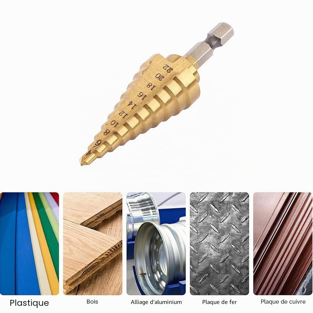 4 - 22mm acier à grande vitesse titane Coated Step Drill High Speed Steel 1 / 4 "poignée hexagonale changement rapide de foret conique métal plastique bois trou fraise