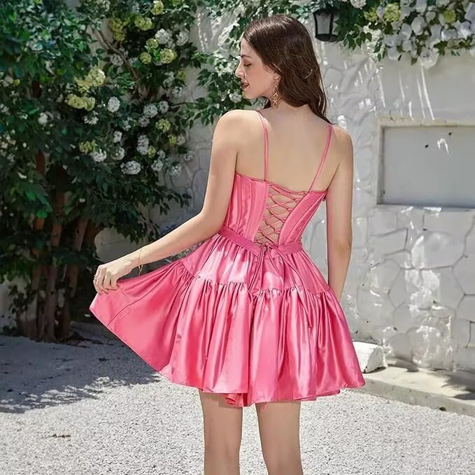 Spaghetti Straps Satin Homecoming Dresses for Teens 2025 A-line Short Prom Dress Ruffles Pleated Cocktail Party Gowns3