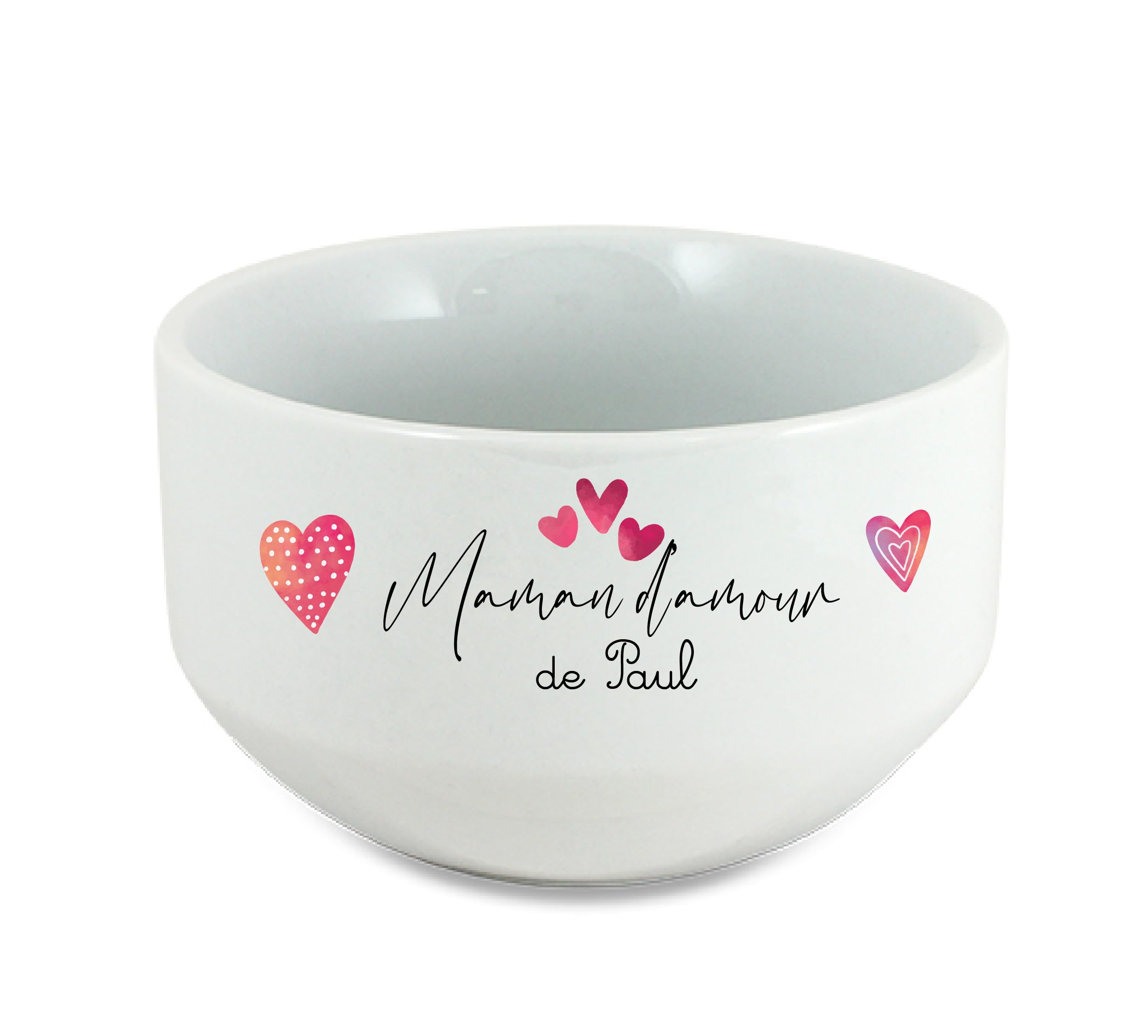 Bol Céramique 600ml "Maman d’amour de [Prénom(s)]" – Cadeau Fête des Mères Personnalisé – Design Petits Cœurs Roses – Bol Petit-Déjeuner Tendre et Unique