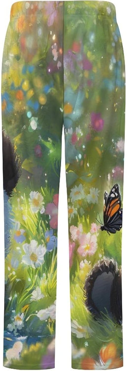 Cute Panda Butterflies Print Women's Pajamas Flannel Pajama Pant Lounge Bottoms Sleepwear Nightwear for Home