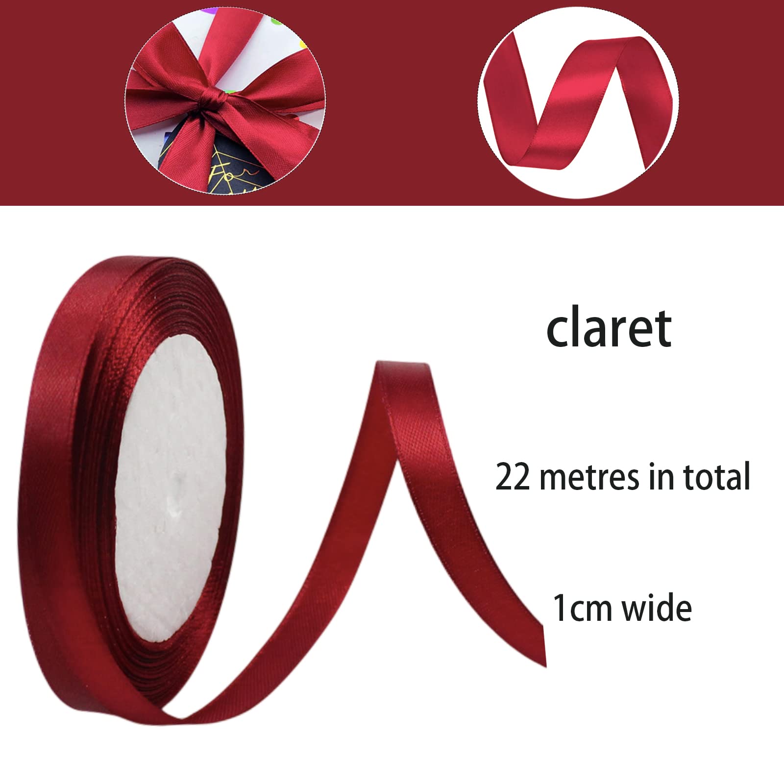 23m Claret Satin Ribbon 10mm for Crafting,Fabric Christmas Ribbon Balloon Ribbon Cake Ribbon Thick Claret Ribbon for Gift Wrapping,Xmas,Wedding,Hair Bows Making,Cake Birthday Party Decorations, 1CM