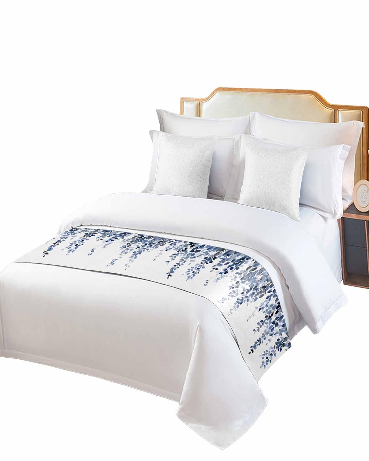 Navy Blue Eucalyptus Leaves Bed Runner for Full/Queen Size, Summer Leaf Watercolor Bedspread Protector Slipcover Bed Scarf for Foot Runners & Scarves for Bedroom Hotel Wedding Room 83x20 Inches