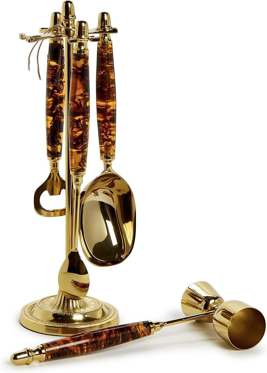 Two's Company 4 Piece Tortoise Print Bar Set with Stand, Includes Bottle Opener, Scoop, Spoon and Jigger, Stainless Steel and Resin, 54917