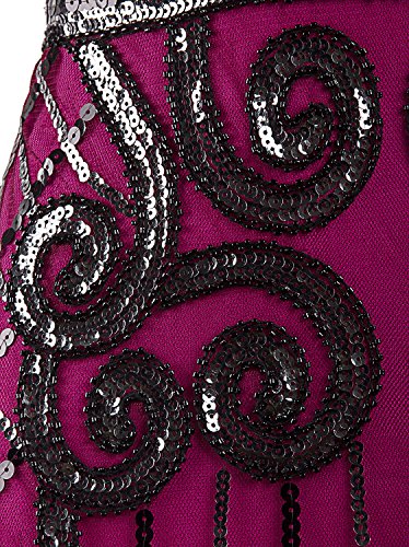 Vijiv 1920s Vintage Inspired Sequin Embellished Fringe Long Gatsby Flapper Dress,Rose Red,Small