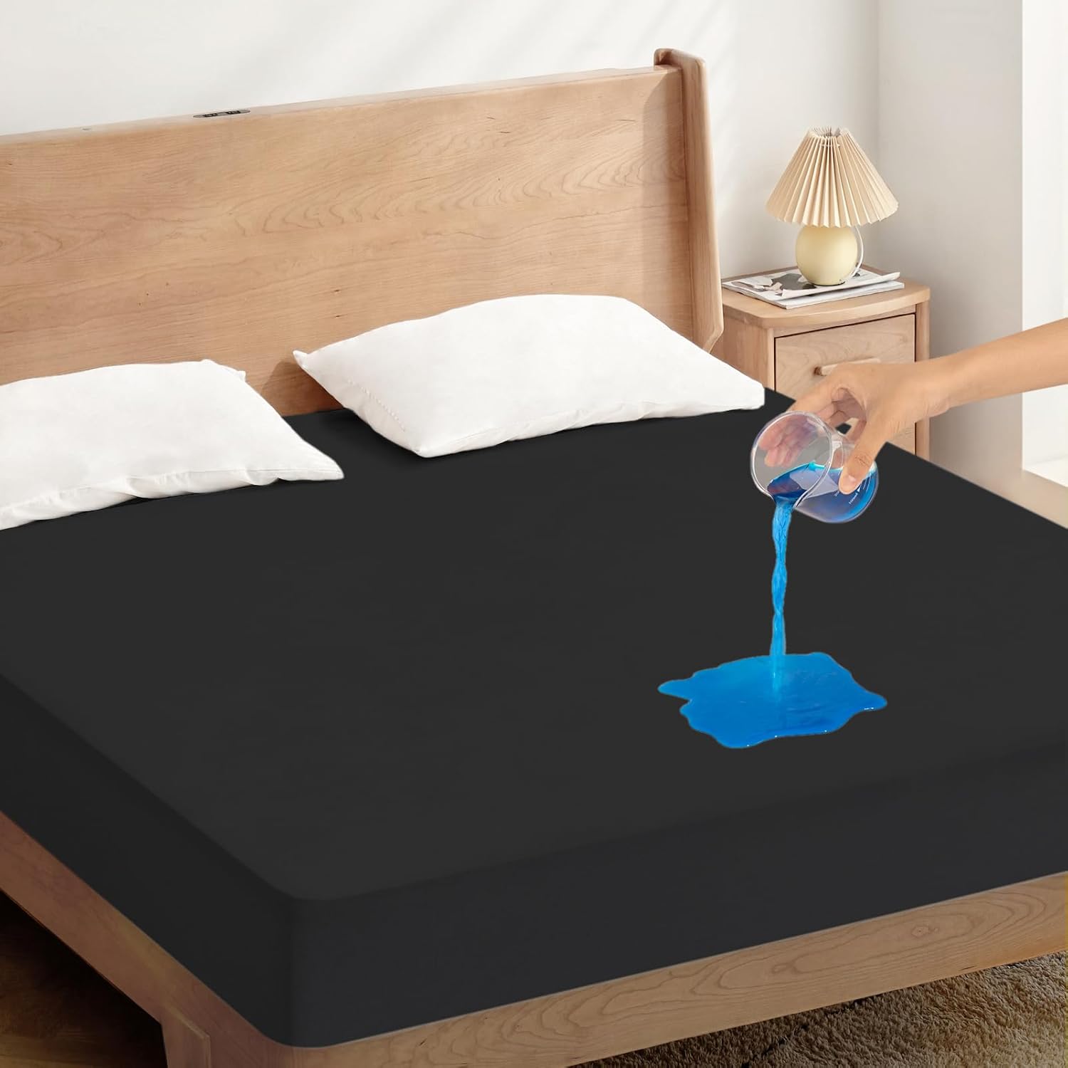 Queen Mattress Protector Waterproof, Queen Size Mattress Pad Cover, Soft & Breathable Fitted Bed Sheet for Bed with Deep Pocket and Elastic Rubber Band Up to 14 Inches, Black