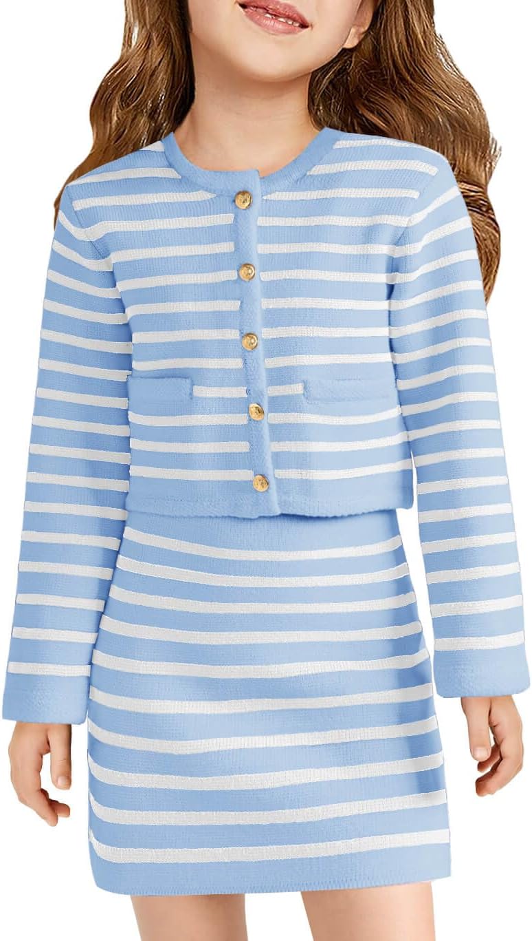 Haloumoning Girls Fall 2 Piece Outfits Striped Button Down Cardigan and Skirt Sets with Pockets 5-14 Years