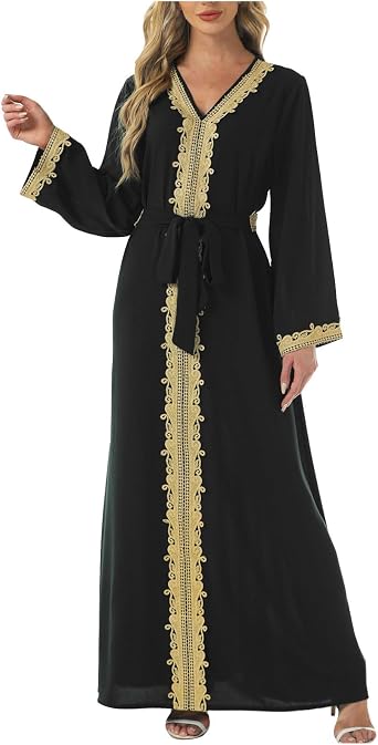 Women Moroccan Kaftan Abaya Golden Embroidered Lace Dress Islamic Ramadan Eid Dress Arabic Dubai Muslim Prayer Robe