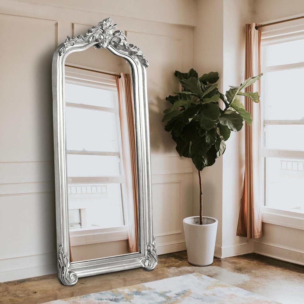 Howard Elliott Collection Tudor Antique Full Length Mirror, Glossy Nickel Wood Frame Floor or Wall Mirror, Oversized Standing or Leaning Vanity for