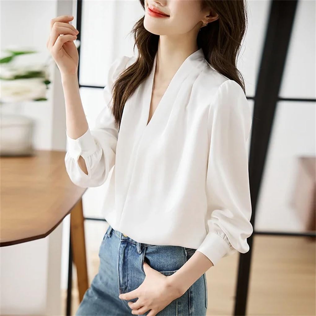 Blusa de gasa para mujer, cuello en V, manga larga, color liso, informal, para oficina o trabajo