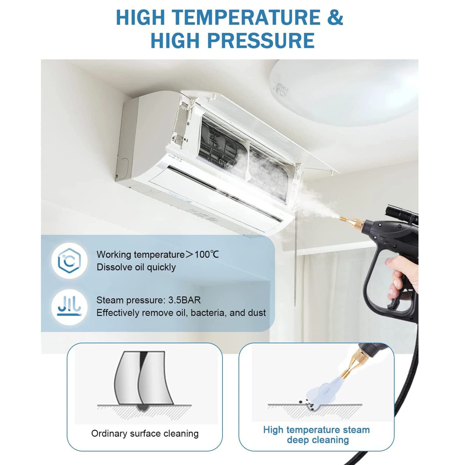Limpiador a vapor portátil de 2600 W, máquina de limpieza a vapor de alta presión, generador de vapor de 3,5 bar con cabezales de cepillo de tubo de extensión para el hogar, cocina, coche, baño,