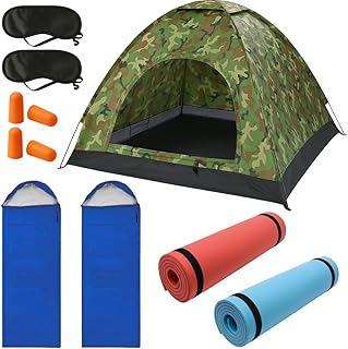 2 Personen Zelt Set Festival mit je 2 Isomatten, Schlafsäcken, Nackenkissen, Schlafmasken, Ohrenstöpsel & 2 Mann Festival Zelt Camping, Iglu Zelt wasserdicht 200x200x135cm
