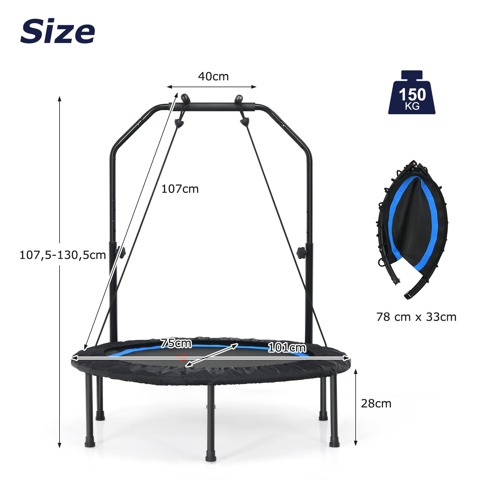 KOMFOTTEU Tappeto Elastico 2 in 1 Ø101 cm, Trampolino Elastico Fitness da Interno e Esterno con Manico Regolabile in Altezza e 2 Fasce di Resistenza, Mini Trampolino Pieghevole fino a 150 kg, Nero+Blu